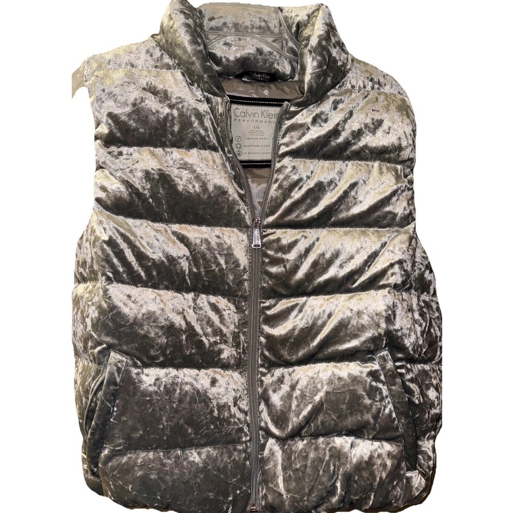 Calvin Klein Performance Down Puffer Vest Crushed Velvet Satin 90's Silver Sz  L